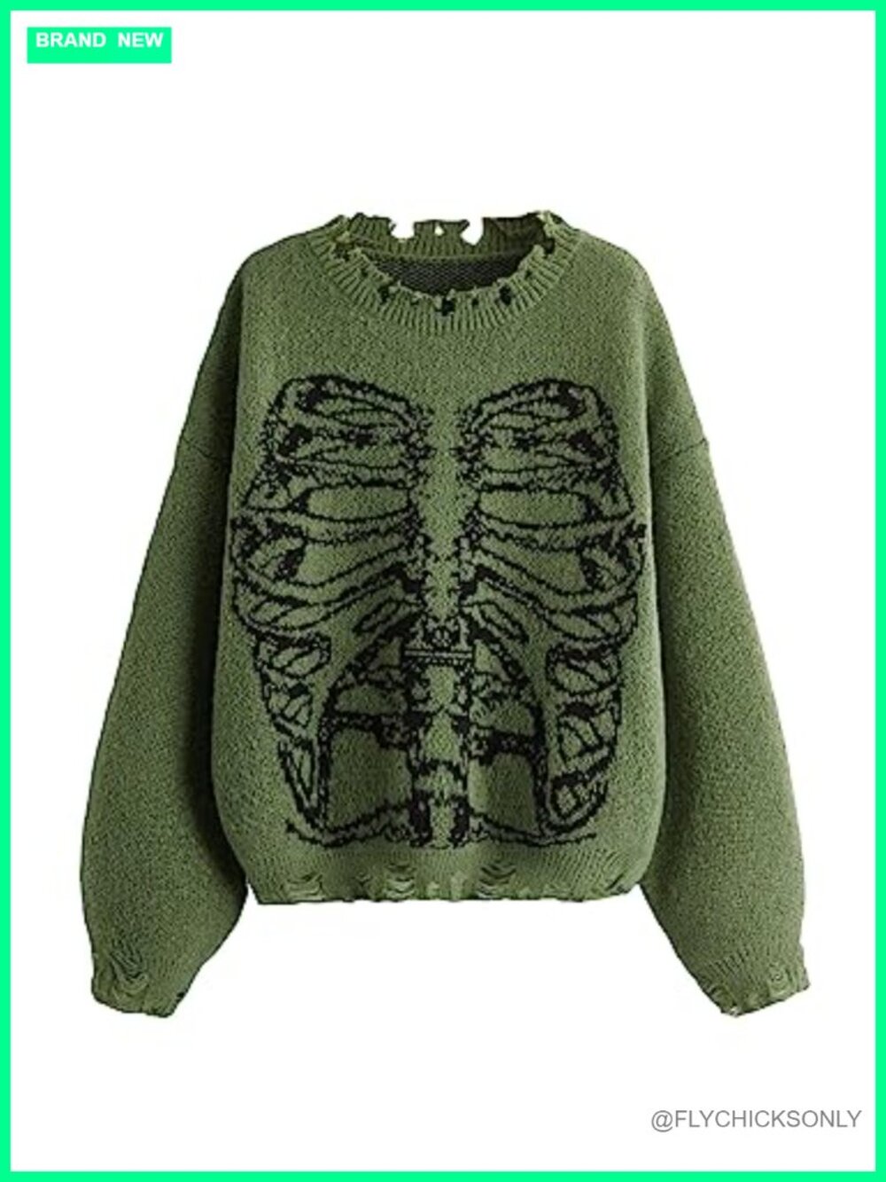 Oversized Skeleton Pattern Ripped Sweater Pullover Round Neck Long Sleeve